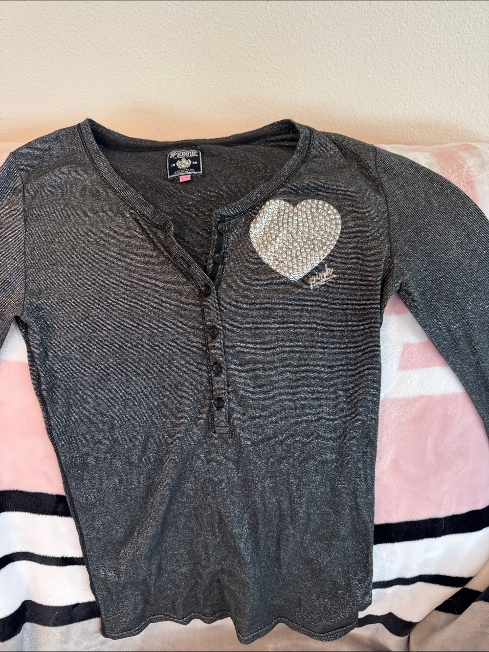 PINK Victoria's Secret Dark Gray Long-Sleeve Henley with Rhinestone Heart